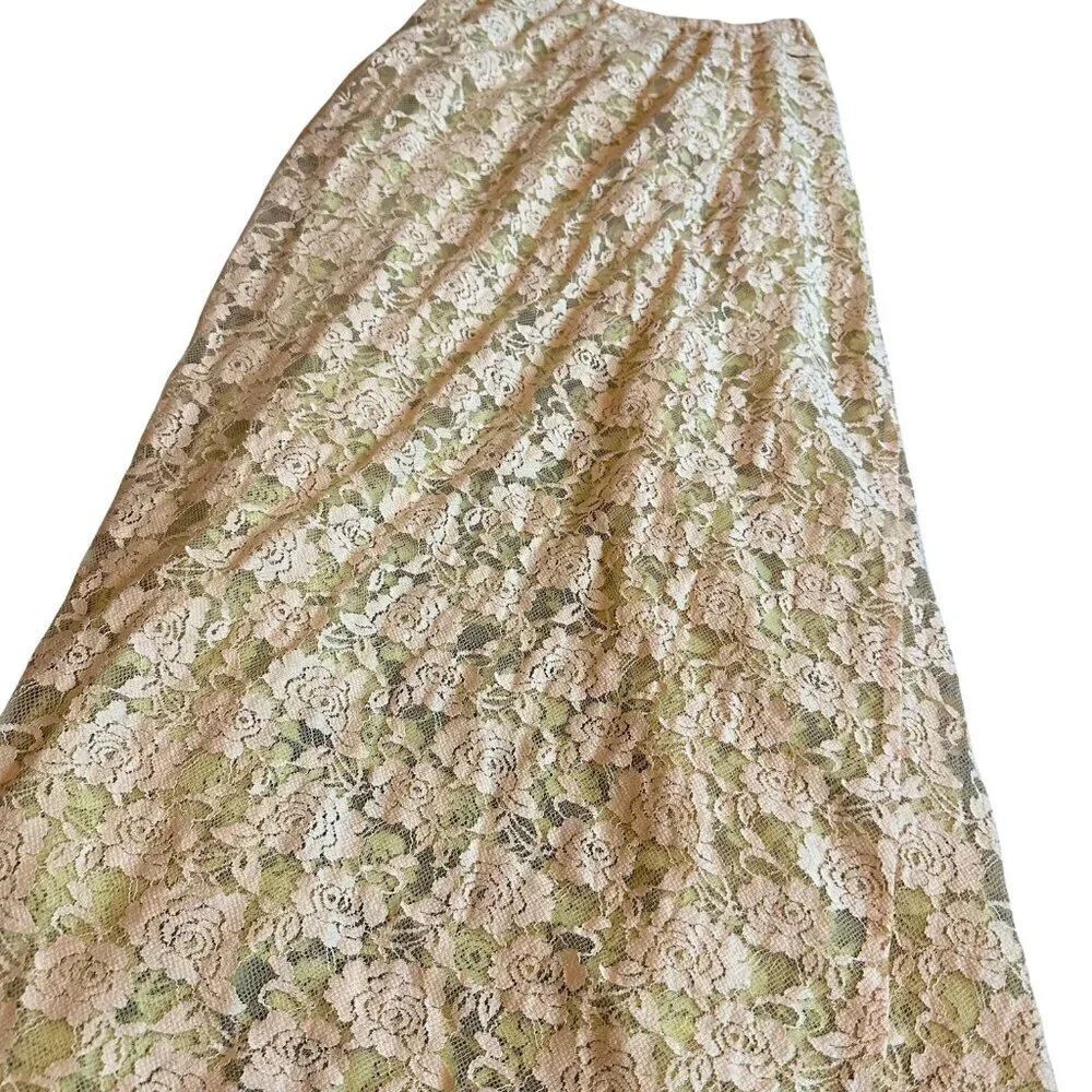 Free People FP One Solene Creme Peach High Low Maxi Skirt Stretch Lace Med NWT - Picture 11 of 14